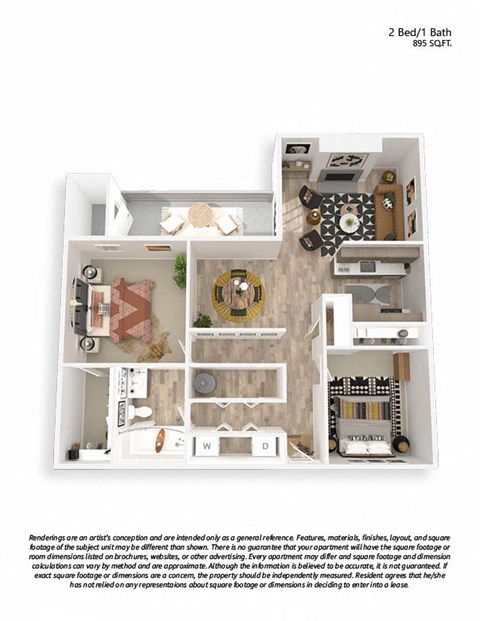 Floor plan for 2 beds, 1 bath, 895 sqft